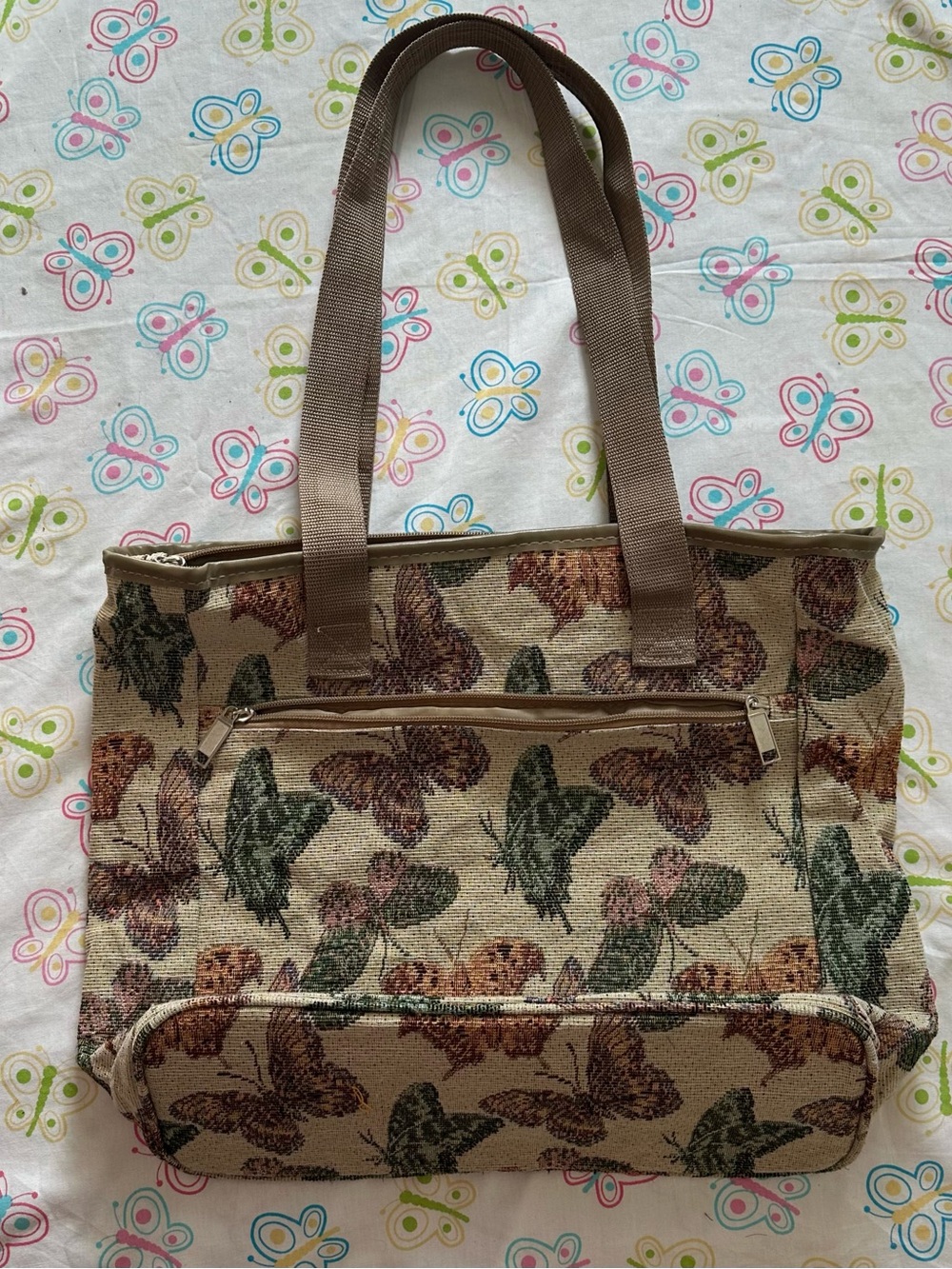 Vintage Taupe Butterfly Print Tapestry Tote Bag - Picture 5 of 7